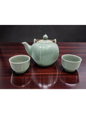 vintage 1990s celedon porcelain china rattan wrapped teapot and cups